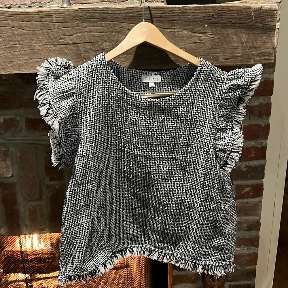 THML black and white fringe trimmed top.